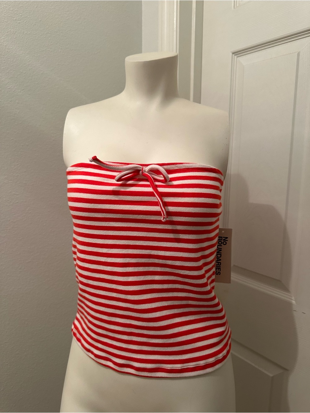 No Boundaries Red and White Striped Strapless Crop Top